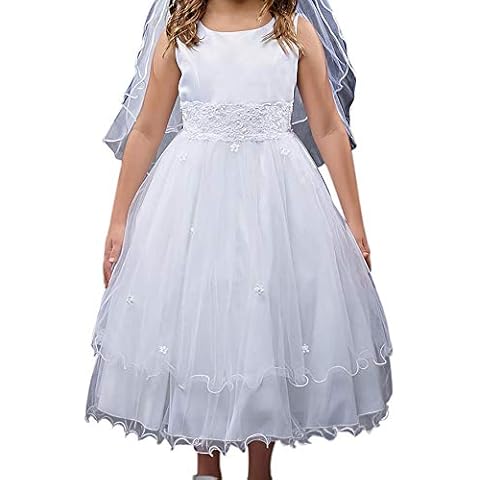 Big Girls' Satin Lace Beadwork Wedding Holy First Communion Special Occasion Flower Girl Dress White 16 (K19D8) Cover