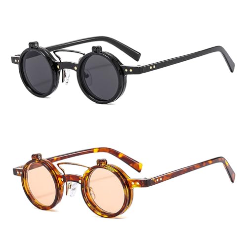 Image of HYLLE Retro Flip-Up Round Goggles Seampunk Sunglasses for Men Women 90s Style