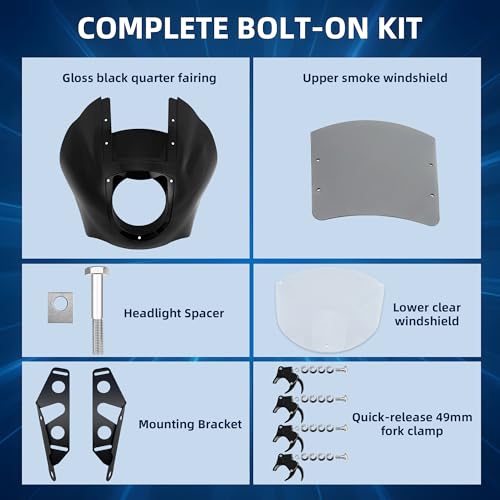 Image of Quarter Fairing Windshield Kit for Harley Dyna 2006-2017, Street Bob FXDB, Super Glide FXD FXDC, Low Rider FXDL FXDLS, Club Style Front Fairing, w / Brackets Quick-Release 49mm Fork Clamps
