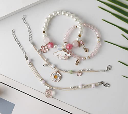 Ds 4Pcs Beaded Charm Bracelets For Teen Girls Dainty Cute Cartoon Crystal Beads Pearl Bracelets Anklets Set For Woman And Girls Adjustable Stretch Bracelet Birthday Gift For Friends -Pink Puppy thumb #3
