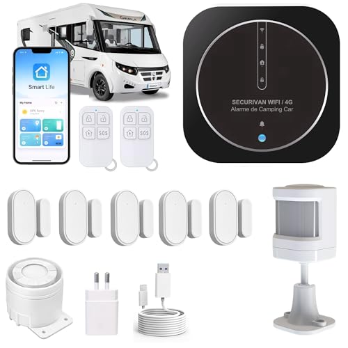 Alarme de Camping Car – WIFI/4G – Surveillance 24h/24h – Alerte sur téléphone - 2 Sirènes – Basse consommation – Adapté aux cloison Alu/Polyeste...