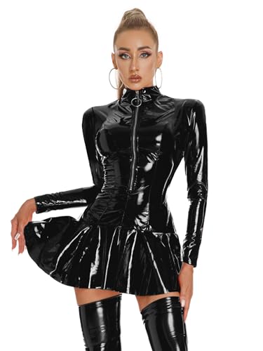 dPois Minivestido erótico para Mujer Vestido de Vinilo Vestido Ajustado con Cremallera Ropa Erótica Vestido Charol Wetlook Clubwear Negro A L