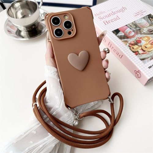 Coque iPhone 14 Pro Max lanière bandoulière silicone souple marron coeur d'amour