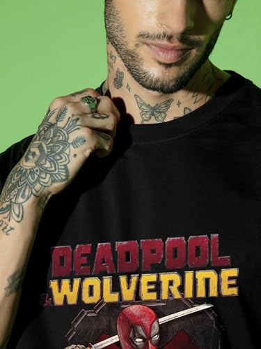 Image of Bewakoof X Marvel Deadpool Men's 100% Cotton Graphic Print Oversized Fit Half Sleeve Round Neck T-Shirt | Casual Wear | Street Wear | Oversized t Shirt for Men Cotton | Baggy