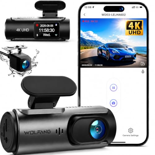 WOLFANG Dash Cam Auto 4K, Doppia WiFi Dashcam per Auto, Telecamera Auto 170° Grandangolo, Visione Notturna,G-Sensor, WDR, Monitor di Parcheggio, Registrazione in Loop