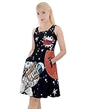 Womens Skater Dress with Pockets Pizza Emoji Pop Art Medium Knee Length Dress Dark Black