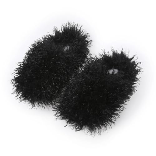 Unisex Fuzzy Faux Fur Slippers, Women's Fluffy Long Hair Sheep Faux Fur Slip on Slides, Girls Luxury Big Fluffy Outdoor Flat Slippers, Long Curly Hair Non-Slip Warm Home Slide Shoes