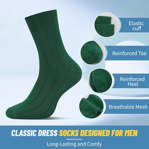 Men's Dress Socks Solid Colors Comfy Crew Cotton Dress Socks for Men Thin Lightweight Anti Odor Size 10-132
