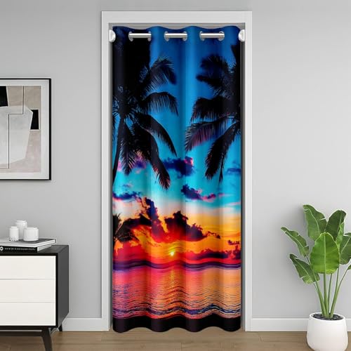 Cortina de puerta con diseño de atardecer y océano, cortina de privacidad con palmera hawaiana, cortina suave y acogedora, aislamiento térmico para dormitorio, decoración del hogar, adolescentes