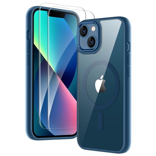 COPIKE Funda Magnética para iPhone 13 y iPhone 14 con 2 Cristal Templado, Carcasa Antigolpes Marco de TPU Mate con Transparente Anti-Arañazos Respaldo, Azul