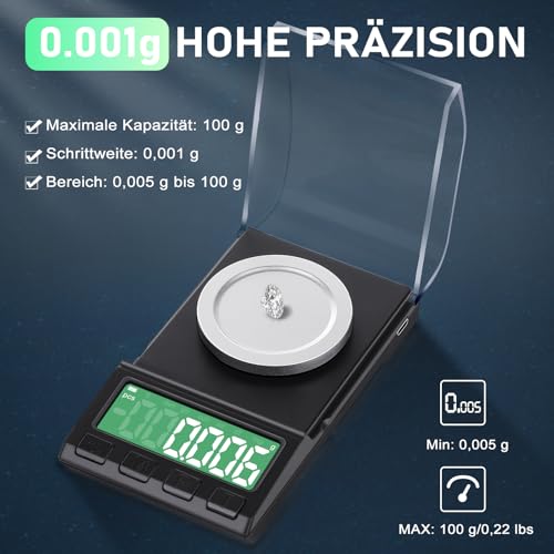 Diyife Feinwaage 0.001g/100g, Wiederaufladbare Milligramm Waage, Kleine Taschenwaage Digitalwaage, Gewürzwaage, 8 Einheiten, für Pulvern, Schmuck, Kräuter, Tee, Hefe, mit Cal-Gewicht, Pinzette
