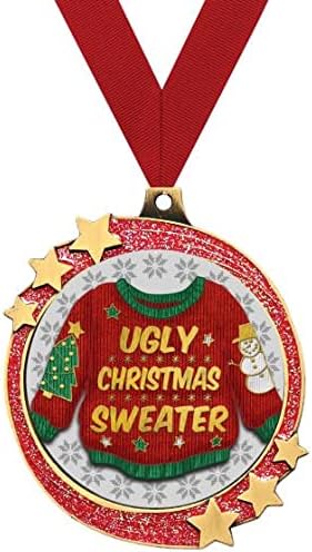 Crown Awards Ugly Christmas Sweater Red Glitter Award Medals, 2.5" Gold Shooting Star Ugly Sweater Trophies Prime