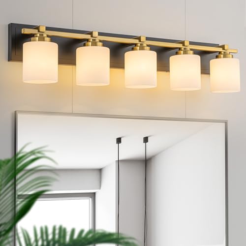 BrkNit Modern Bathroom Light Fixtures Over Mirror, Vanity Lights for Bathroom Wall Sconces with Milky White Glass Shades, E26 Socket (Bulbs Not Included), 5 Light, Black Gold by BrkNit - Used condition - US$119.79