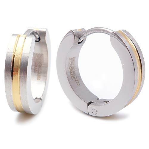 Steelmeup Stainless Steel Stripe Men Hoop Earrings 2-tone Gold Black Silver 16mm