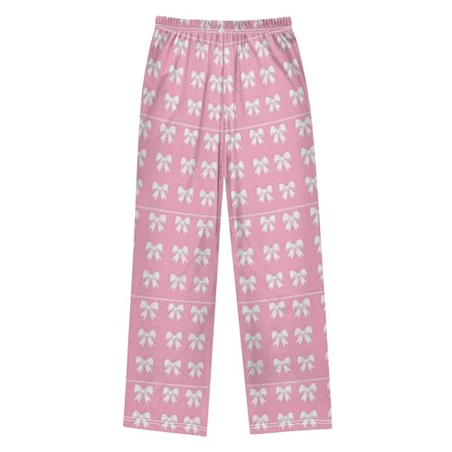 Pajama Pants Sleep Pants Soft Elastic Waist Pajama Lounge Pants White Bows Pink Background for 6-14 Years Old2