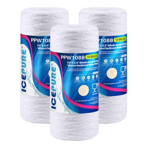 Image of ICEPURE 10 Micron 10 inch*4.5'' Whole House Sediment String Wound Water Filter Replacement filter for 84637, WPX5BB97P, PC10, 355214-45, 355215-45, WP10BB97P, WP5BB97P, 3 PACK