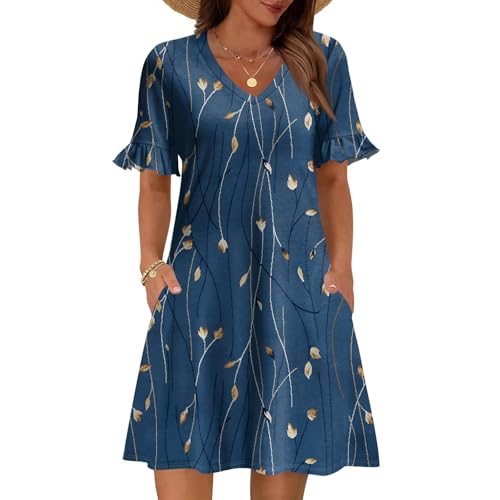 Women Short Sleeve Loose Sundress V Neck Printed Dresses with Pockets 2026 Summer Fashion Casual A Line Dress
