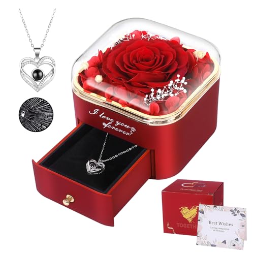Firestyle Preserved Red Real Rose with I Love You Necklace in 100 Languages-Eternal Flowers Rose Gifts for Her Women Mum Wife Girlfriend on Christmas Valentines Day Mothers Day Anniversary Birthday