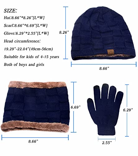Image of KMOLY Kids Winter Beanie Hat Scarf Touchscreen Gloves Set for Boys Girls 4-15 Years Warm Skull Cap Fleece Lined Knitted Hat