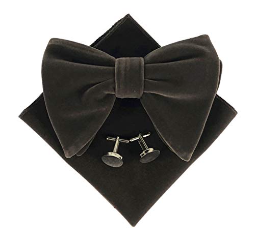 Men's Fashion Pre-Tied Oversized Bow Tie Velvet Tuxedo Big Bow Tie Pocket Square Set Extra Long Neck Size Dark Grey