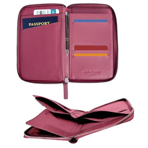 ALLEN & MATE Leather Passport Holder for Travel, RFID Zip Travel Wallet