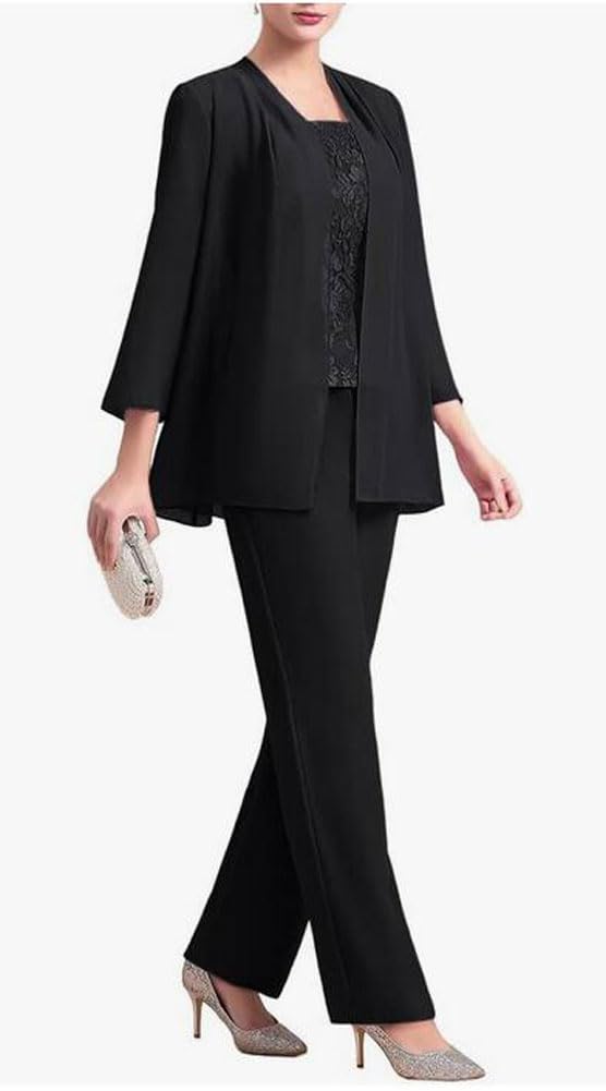 Tailleur in chiffon (3 pezzi) con pantaloni e corpetto in pizzo, elegante, adatto per matrimoni e madre della sposa