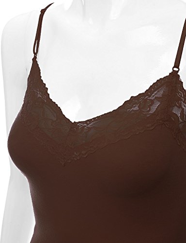 XT1004L Ladies Adjustable Spaghetti Strap Lace Trim Long Tunic Cami Tank Top Brown XL