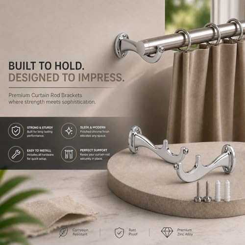 Image of Elite Aluminum Curtain Rod Brackets - Heavy-Duty Wall Mount Clamps for Curtain Rod Support for Door and Window Curtain Rods with Screw and Wall Plug - Pack of 2PCS (Royal Chrome Silver)