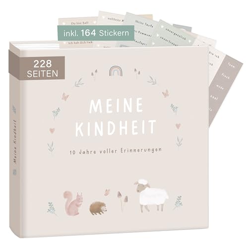 mintkind® Erinnerungsalbum Kindheit Beige, Babybuch mit Sticker Set, Geschenk zur Geburt, Fotoalbum Kinder, Tagebuch zum Eintragen, Erinnerungsbuch 0–10 Jahre, Hardcover Album