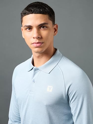 Image of TECHNOSPORT Mens Slim Fit Self-Design Full Sleeve Polo T-Shirt with Double Cool, SPF50+ Proerties for Gym, Workout and Regular Use