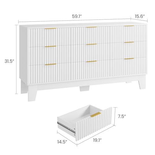 Image of Garvee 9 Drawer Dresser for Bedroom, 59 inch Wide Fluted Chest of Drawers with Metal Handle, Modern Wooden Dresser TV Stand, Clothes Storage Organizer Wood Closet for Hallway, Entryway, White