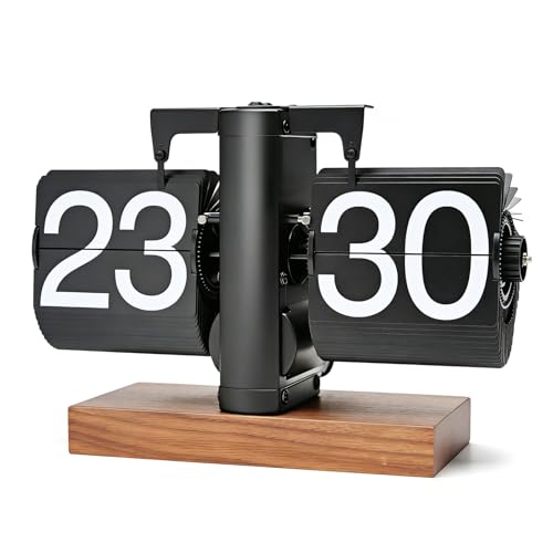 Frdhee Tischuhr Vintage Retro Flip Uhr Schwarz Retro-Flip-Down-Uhr Mit GroßEn Ziffern & Holzunterlage 24 Stunden Tischuhr Digital Mit Batterie Betrieb FüR Wohnzimmer Arbeitszimmer Und BüRo