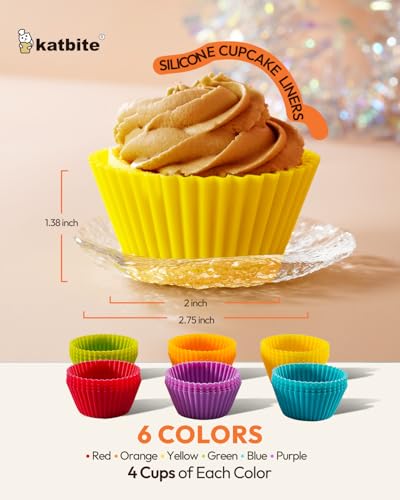 Katbite Silicone Cupcake Liners 24 Pack - Non-stick Silicone Muffin Liners Set, Thick & Heavy Duty Cupcake Molds - Perfect for Party Halloween Christmas Bakery Supplies, Multicolor
