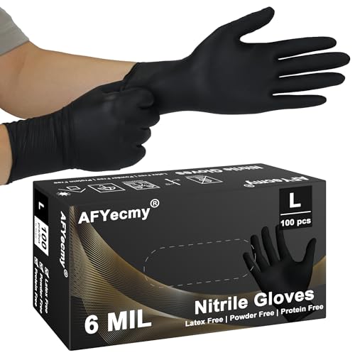 AFYecmy Disposable Nitrile Gloves, Chemical Resistant, Powder and Latex Free, Food Safe, Black Heavy Duty Gloves, 6 Mil, 100 Count, Large