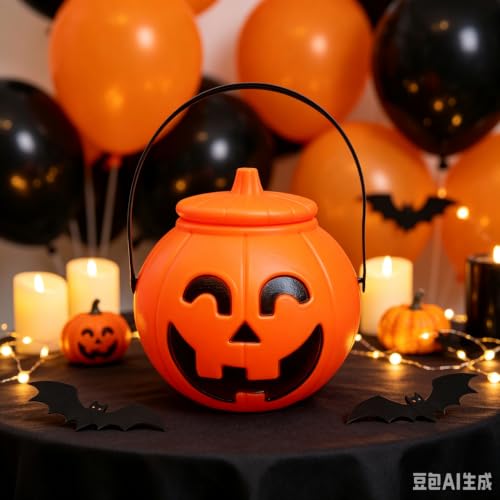 Plastic Pumpkin Bucket, Halloween Pumpkin Treat Pail with Handles and Lid - image 4