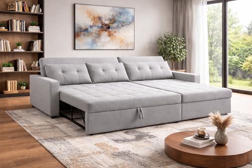 Image of Emilio 4 Seater RHS L - Shape Pull-Out Sofa Cum Bed Sofa for Living Room (Grey Fabric Color) Premium Fabric Sofa Set for Living Room Sofa Cum Bed