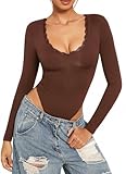 Bodysuits pour la vie quotidienne : col en V sexy (coupe basse) avec bordure en dentelle, également au niveau des cuisses, étui mais pas de sensation de compression