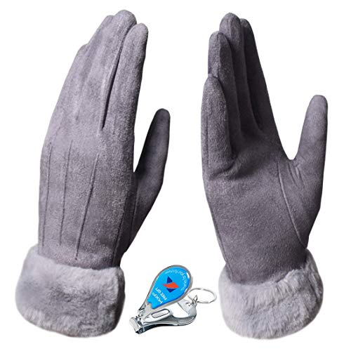 KXF Warme Winterhandschuhe für Damen, superweiches Wildleder, Touchscreen, Dickes Fleece gefüttert, Handschuhe, kaltes Wetter, Winddicht, Outdoor-Sport-Handschuhe (Grau)