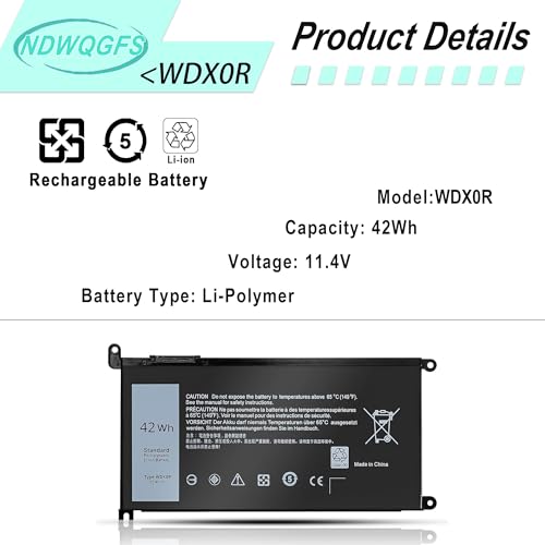 Image of WDX0R 42Wh Laptop Battery for Dell Inspiron 13 5368 5378 15 5567 7560 17 5767 Series Vostro 14 5468 Latitude 3189 Replaces T2JX4 FC92N 3CRH3 | 11.4V Li-ion