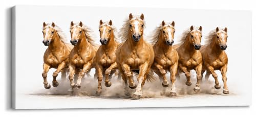 Image of 7 Horse Vastu Sunrise Canvas Painting | Positive Energy Wall Decor | Big Size Premium Running Horses Artwork for Home, Office & Hall Decoration (Modern, Light Brown Horse, 44x20 Inch)