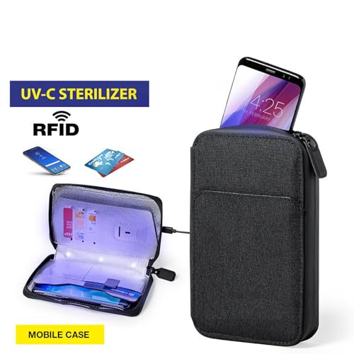 UV Desinfektions Sterilisator für Smartphones Kreditkarten Earpods Schlüssel im Reissverschluss Polyester Etui mit RFID Blocker und 2 Sterilisationsmodi tötet Bakterien ab Format 2 x 18.5 x 4 cm