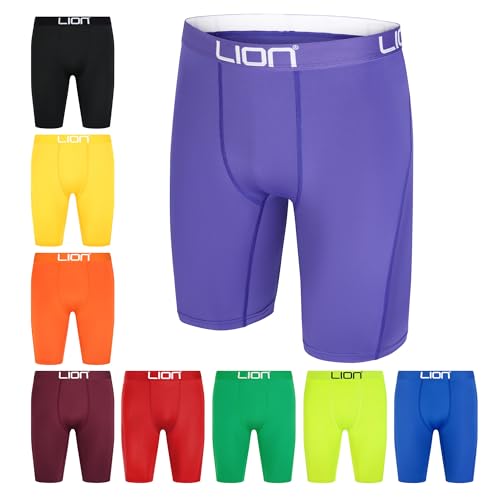 LION SPORTSWEAR Pantalones cortos de compresión para fútbol y deportes, capa base multiusos para hombres y niños, ideal para gimnasio, entrenamiento y correr, Morado (, S