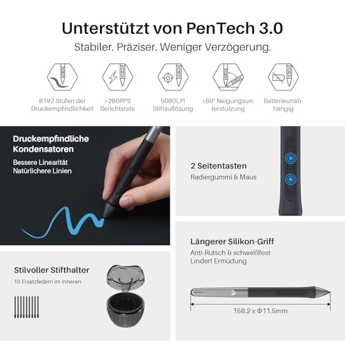 HUION Inspiroy 2 L Grafiktabletts, Tragbares Zeichentablett mit 8192 Stufen batterielosem...