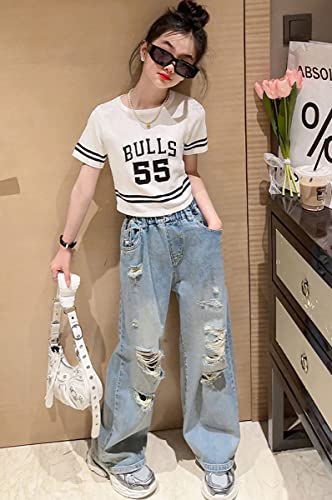 Naber Girls Ripped Jeans Elastic Waist Denim Pants Casual Cool Wide Leg Kids Jeans Age 5-14 (Blue10, 7-8 Years) #TOP5