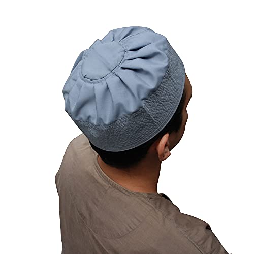 TheKufi Gray Cotton-Blend Pleated Top 3.5in Tall Fabric Kufi Prayer Cap Beanie (M)
