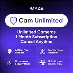 Wyze Security Plan - Cam Unlimited | Unlimited Cameras | 1 Month Subscription. Full AI features | Facial Recognition for Friendly Faces | Smart Detection for Person, Pet, Package, Vehicle and Glass Break | Security Surveillance and Monitoring | Rolling 14 Days Event Video Recording | Activation Required | Cancel Anytime