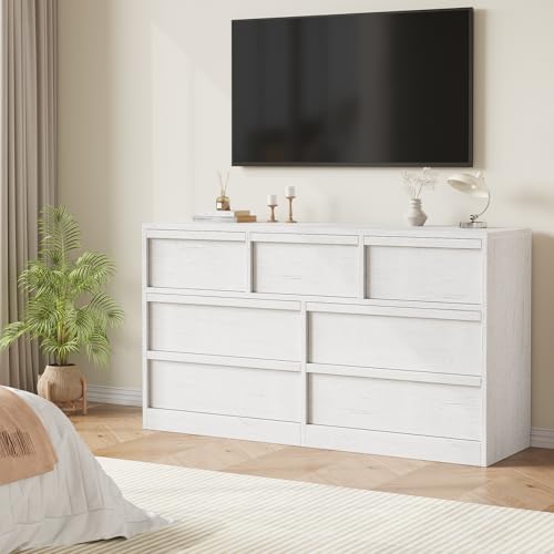 GarveeHome 7 Drawer Dresser for Bedroom, Antique White 7 Chest of Drawers with Large Storage Space, Wooden Dresser Organizer for Living Room, Nursery, Entryway