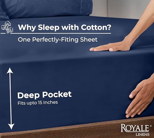 Image of Royale Linens 100% Organic Cotton Fitted Sheet - Percale Weave - Super Soft Deep Pocket Bottom Sheets - Navy Elastic Sheet King Cal Size - California King Fitted Sheets Only - (72 inchx84 inch+15 inch, Navy)