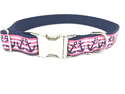 Nautical Dog Collar, Navy Blue, Pink, White, Stripes, Anchors, Summer, Spring, Girls, Female (Large 1  W X 15-24 )