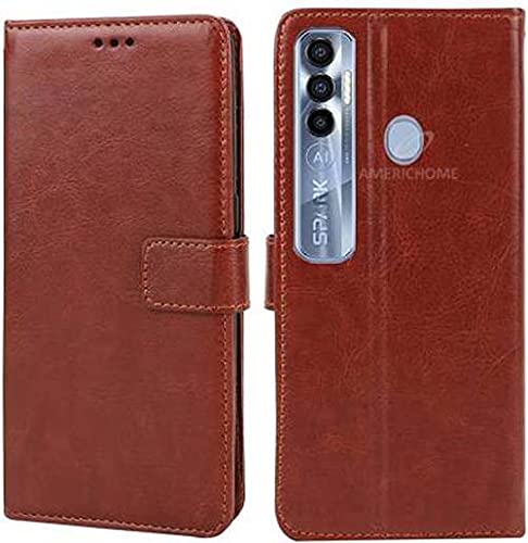 Image of Inside Rubber TPU with Card Pockets Magnetic Closure Protection Compatible with Tecno Spark 7 Pro, KF8 (Brown)